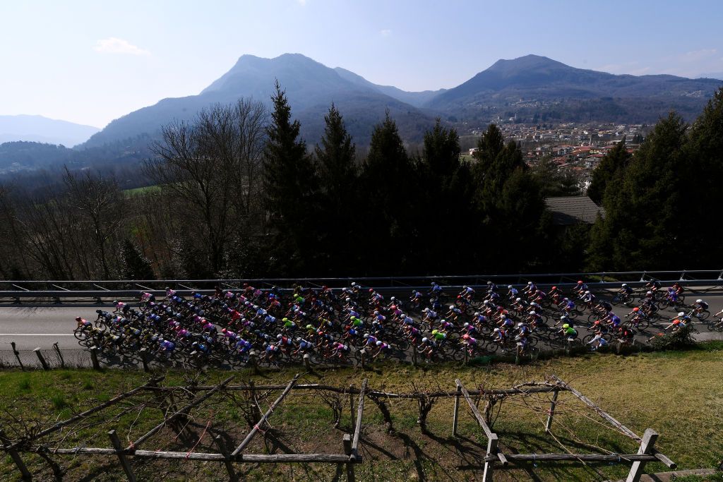 CITTIGLIO ITALY MARCH 20 A general view of the peloton passing through Cunardo 428m landscape during the 46th Trofeo Alfredo BindaComune di Cittiglio 2021 Womens Elite a 1418km one day race from Cocquio Trevisago to Cittiglio TrBinda UCIWWT on March 20 2022 in Cittiglio Italy Photo by Tim de WaeleGetty Images
