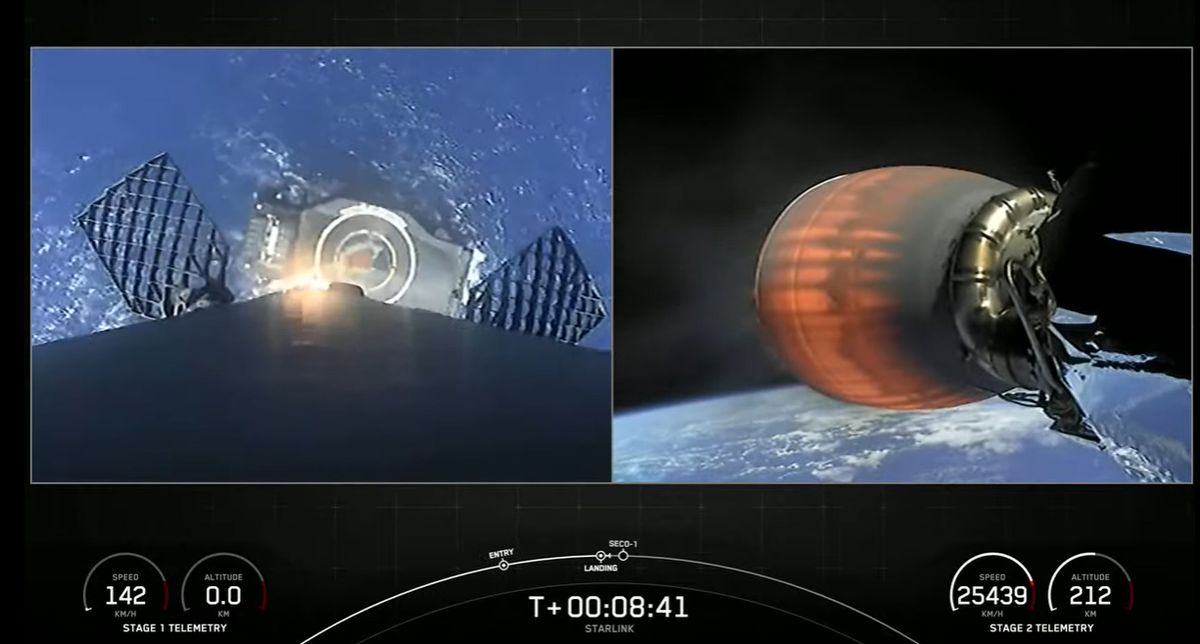 A SpaceX Falcon 9 first-stage booster (left) approaches the droneship landing platform A Shortfall Of Gravitas to make its 11th landing on Feb. 21, 2022. At right: The mission's upper stage rocket continues to orbit with 46 Starlink internet satellites aboard.