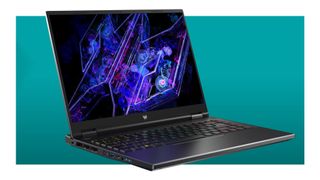 The Acer Predator Helios Neo 14 gaming laptop on a teal deals background