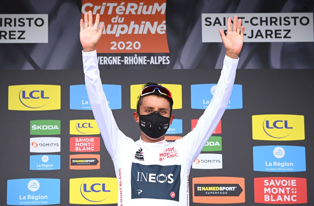 SAINT CHRISTO EN JAREZ FRANCE AUGUST 12 Podium Egan Arley Bernal Gomez of Colombia and Team Ineos White Best Young Jersey Celebration Covid safety measures during the 72nd Criterium du Dauphine 2020 Stage 1 a 2185km stage from Clermont Ferrand to Saint Christo en Jarez 752m dauphine Dauphin on August 12 2020 in Saint Christo en Jarez France Photo by AnneChristine Poujoulat PoolGetty Images