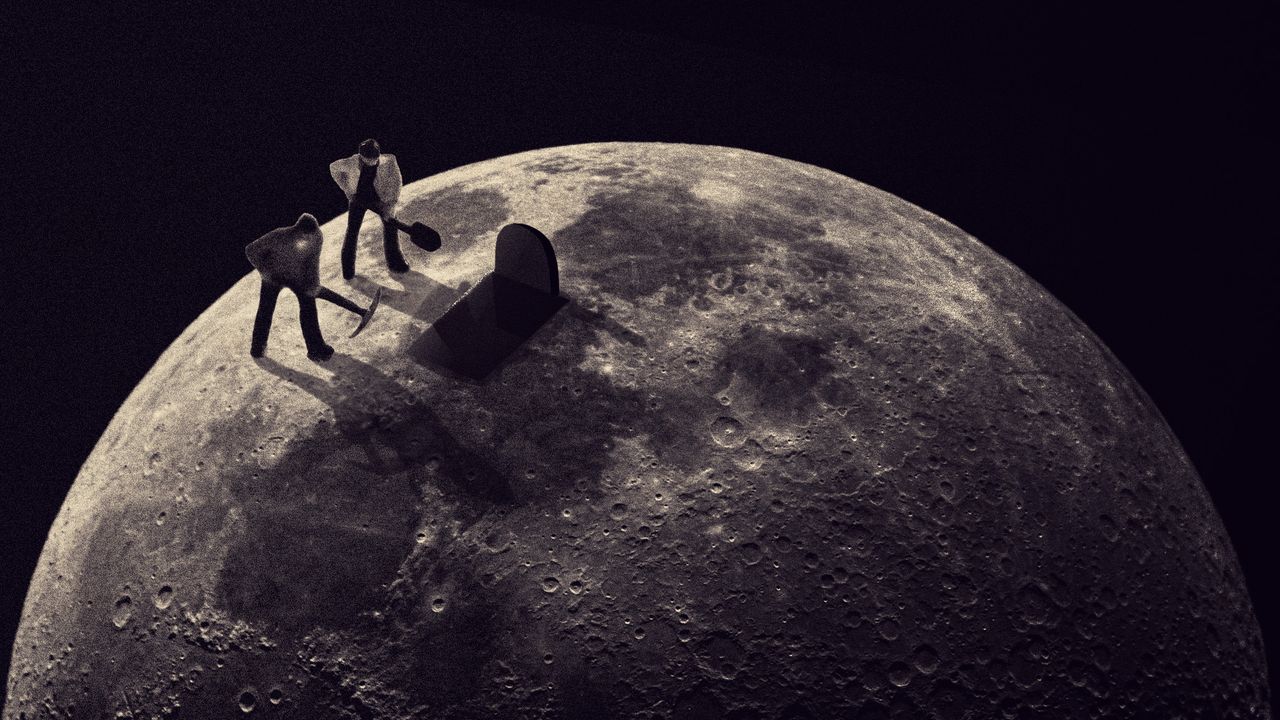 Photo collage of two people digging a grave on the surface of the moon