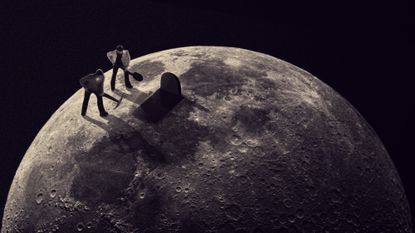 Photo collage of two people digging a grave on the surface of the moon