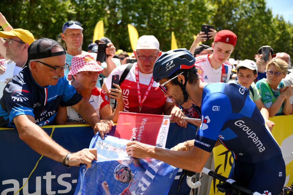 CHTILLONSURCHALARONNE FRANCE JULY 14 Thibaut Pinot of France and Team GroupamaFDJ meets the fans at start prior to the stage thirteen of the 110th Tour de France 2023 a 1378km stage from ChtillonSurChalaronne to Grand Colombier 1501m UCIWT on July 14 2023 in ChtillonSurChalaronne France Photo by David RamosGetty Images