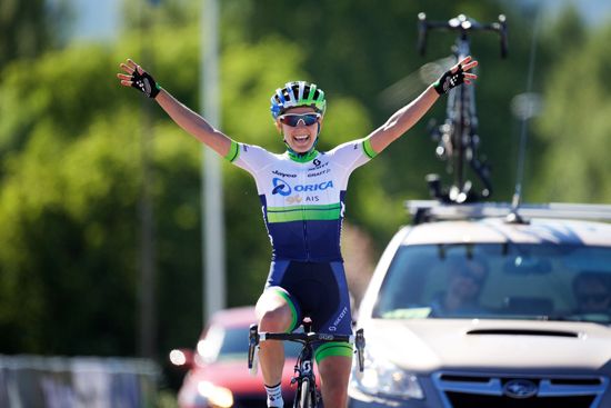 Emma Johansson solos in for the win during the Swedish road race championship on Saturday.