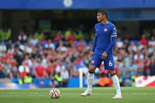 Thiago Silva of Chelsea on the ball during the Premier League match between Chelsea FC and Nottingham Forest at Stamford Bridge on September 2, 2023 in London, England. (Photo by MB Media/Getty Images)