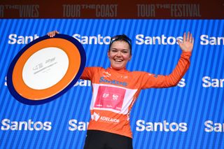 STIRLING AUSTRALIA JANUARY 19 Noemi Ruegg of Switzerland and Team EF EducationOatly Orange Santos Leaders Jersey celebrates at podium as overall race winner during the 9th Santos Womens Tour Down Under 2025 Stage 3 a 1059km stage from Stirling to Stirling 444m UCIWWT on January 19 2025 in Stirling Australia Photo by Dario BelingheriGetty Images