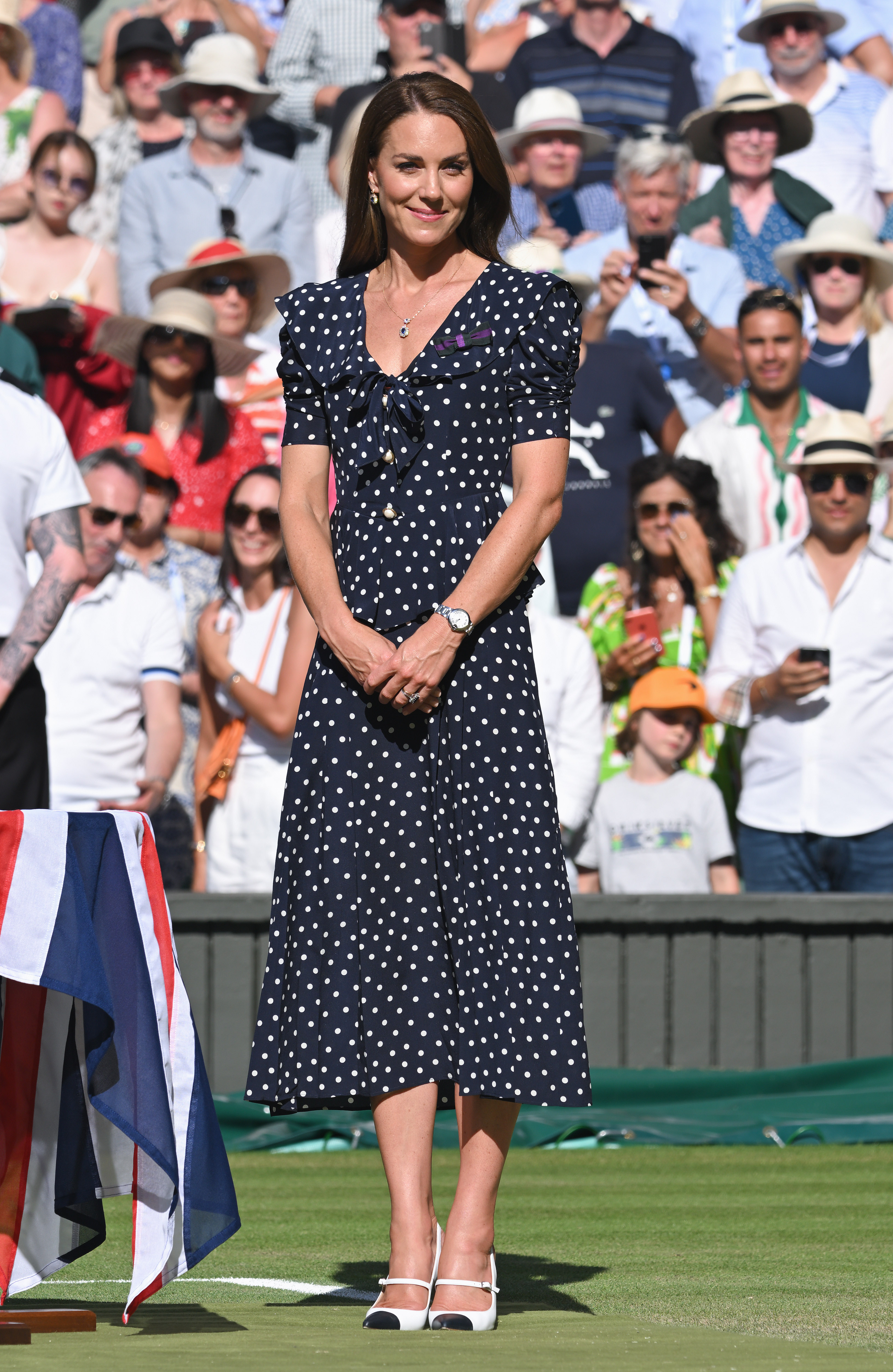 Princess Kate wearing a navy polka dot dress at Wimbledon 2022