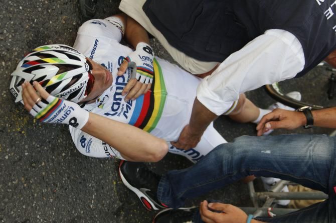 World champion Rui Costa on the ground