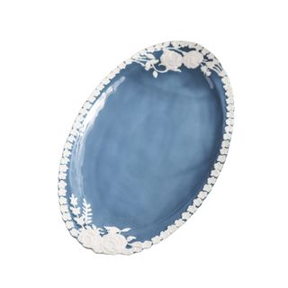 Anthropologie Turkuaz Kitchen blue scalloped serving platter with white trim