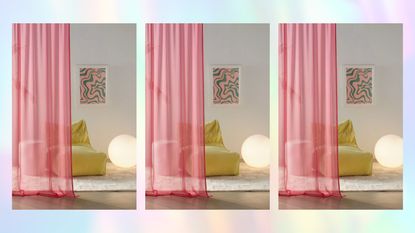 Pink sheer curtain by a bright green couch