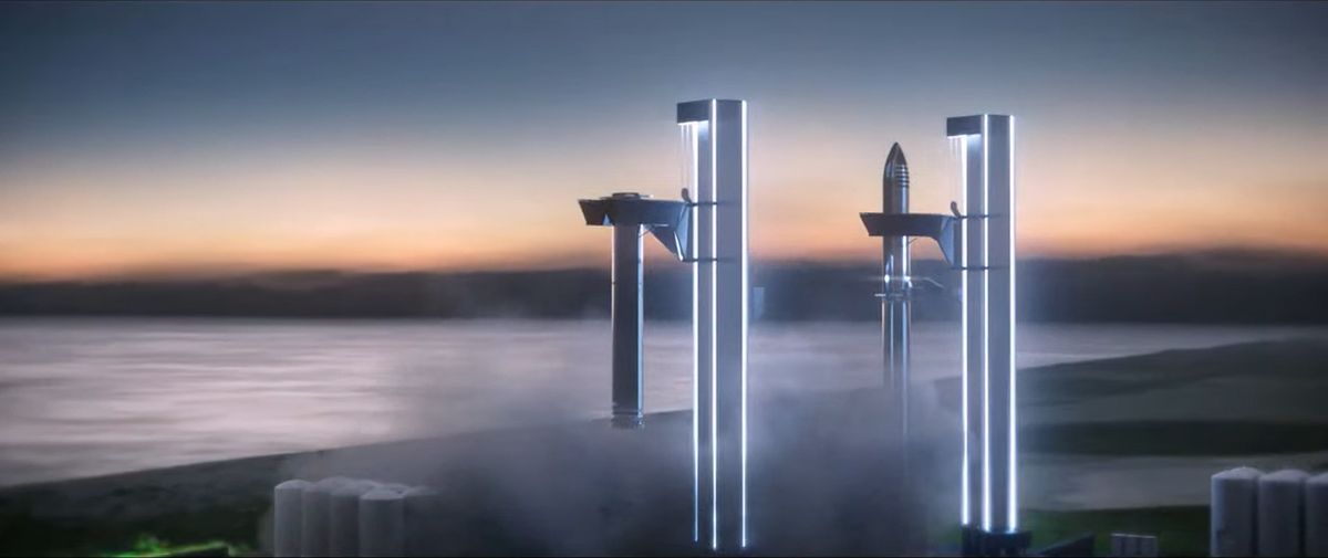 A still from a SpaceX video animation of the company's Starship rocket and Super Heavy booster launching astronauts to Mars, a trip that includes orbital refilling and booster landings.