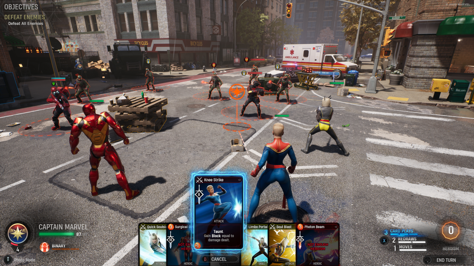 A screenshot of Marvel's Midnight Suns showing a team of superheroes and the game's card-based combat