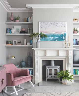 Elegant grey living room with woodburning stove