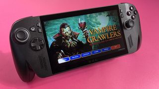 A handheld gaming console displays the start screen of "Vampire Crawlers," featuring a vampire holding a wine glass. Background is vibrant pink.