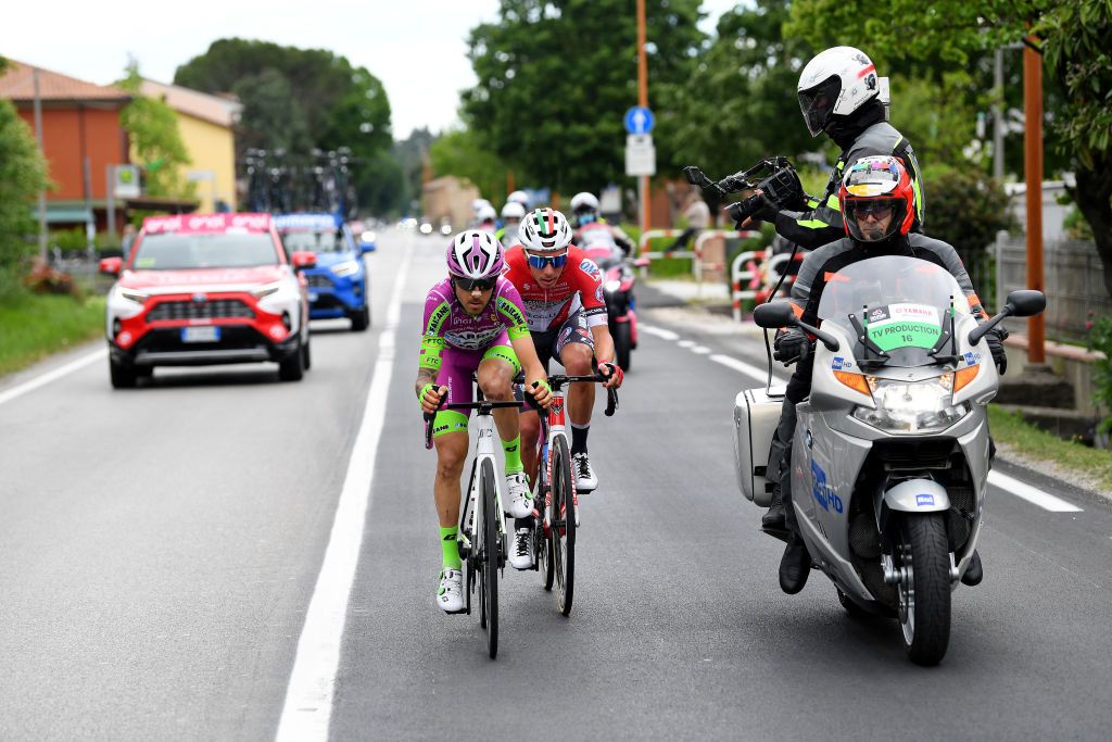 CATTOLICA ITALY MAY 12 Davide Gabburo of Italy and Bardiani CSF Faizan Pro Team Simon Pellaud of Switzerland and Team Androni Giocattoli Sidermec attack on breakaway during the 104th Giro dItalia 2021 Stage 5 a 177km stage from Modena to Cattolica girodiitalia Giro on May 12 2021 in Cattolica Italy Photo by Tim de WaeleGetty Images