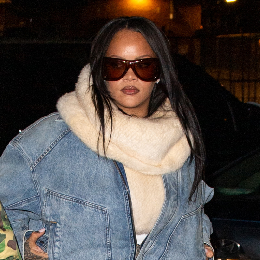 A$AP Rocky and Rihanna are seen on January 18, 2026 in New York City, with Rihanna wearing denim on denim and tiger-print heels