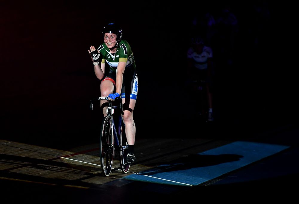 Katie Archibald of Great Britain celebrates victory in the Women's 10km Points Race on day four of the London Six Day
