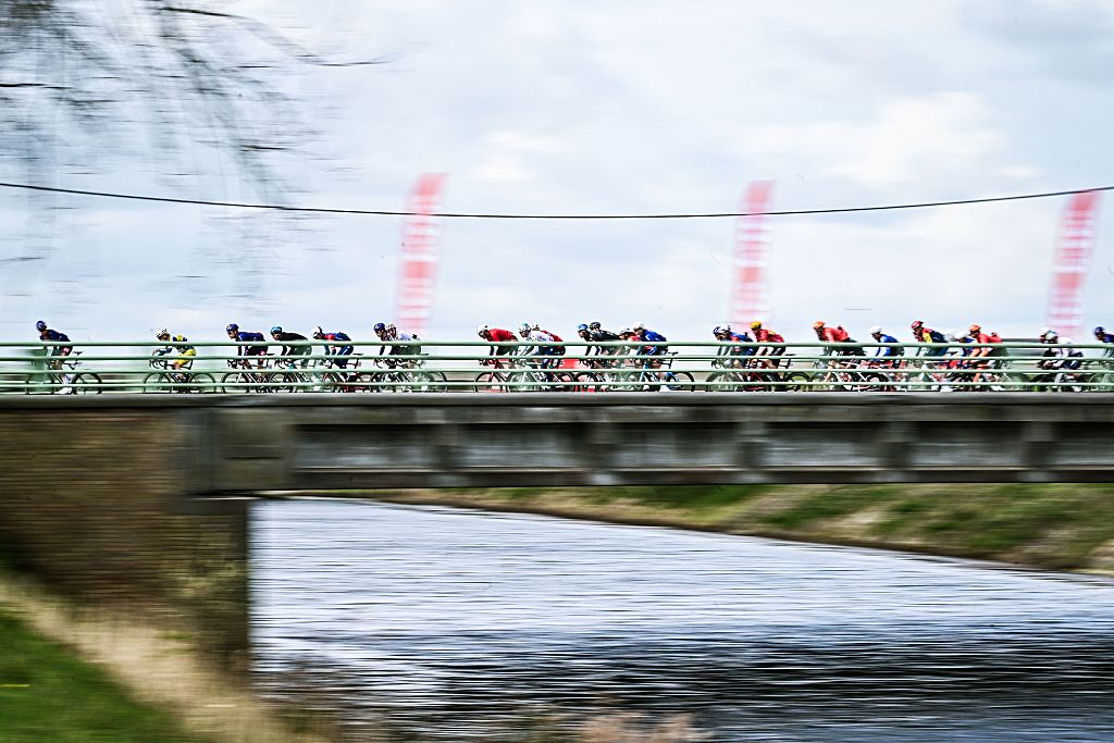 The peloton pictured in action during the 'Ronde van Brugge' men's elite one-day cycling race, 202,9 km from and to Brugge on Wednesday 25 March 2026. BELGA PHOTO MAARTEN STRAETEMANS (Photo by MAARTEN STRAETEMANS / BELGA MAG / Belga via AFP)
