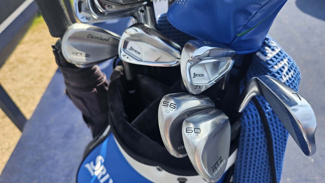 A close-up of Ryan Fox's golf bag set-up