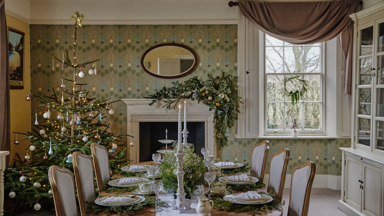 dining room in a victorian home decorated for Christmas