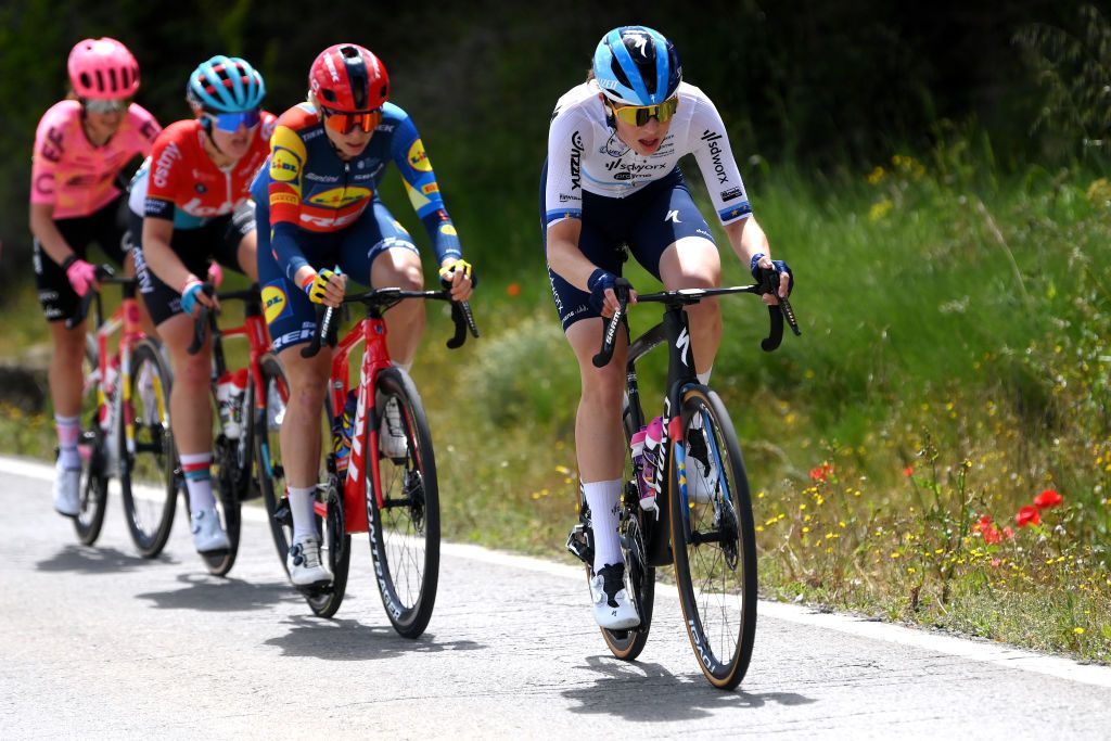 JACA SPAIN MAY 02 Mischa Bredewold of The Netherlands and Team SD Worx Protime attacks during the 10th La Vuelta Femenina 2024 Stage 5 a 1139km stage from Huesca to Alto del Fuerte Rapitan Jaca 1103m UCIWWT on May 02 2024 in Jaca Spain Photo by Alex BroadwayGetty Images