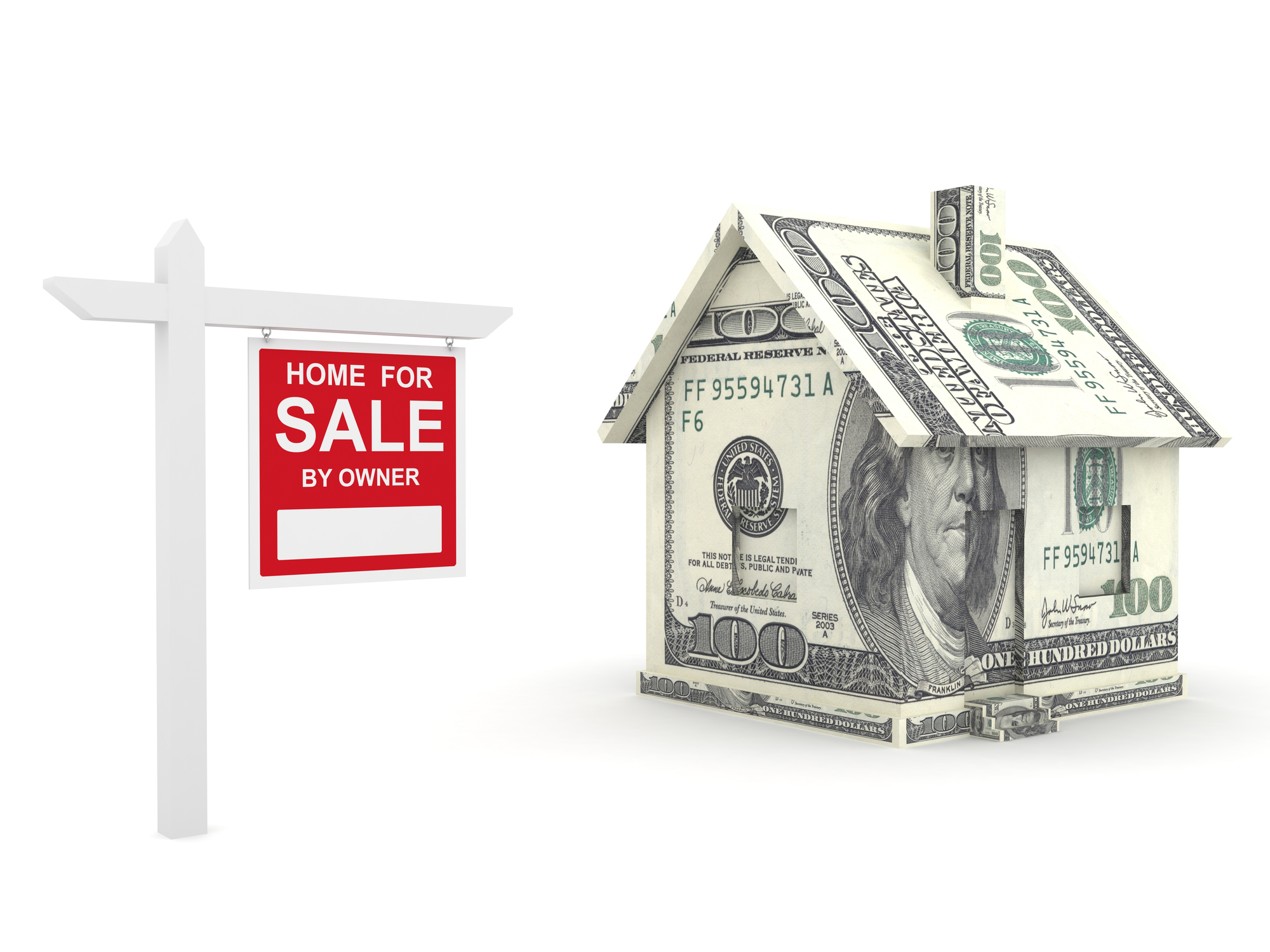 A real estate sale sign next to a house made of money