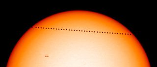 A snapshot of the 2003 Mercury transit, seen by the Solar and Heliospheric Observatory.