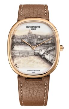 Patek Philippe’s Golden Ellipse with the hand-painted Pont des Bergues, Geneva, Switzerland