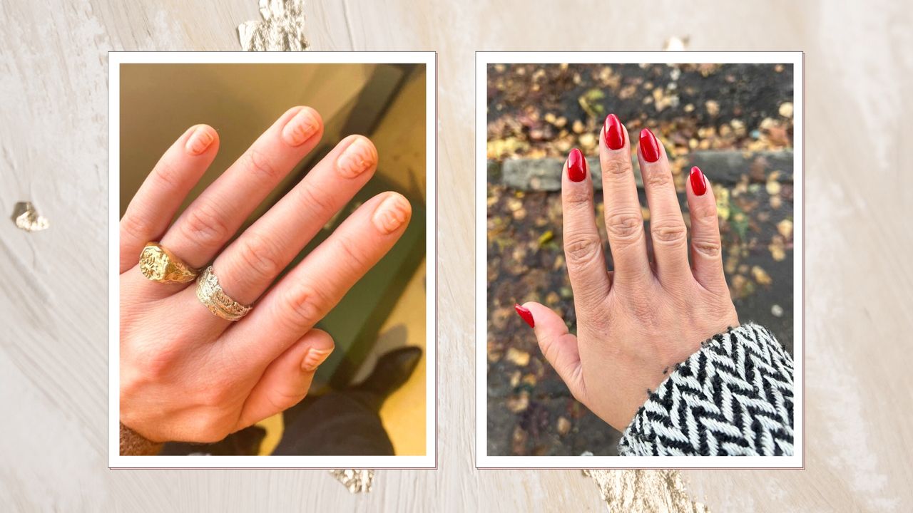 On the left, a close-up of Digital Beauty Editor, Fiona McKim&#039;s glittery tiger print nails and on the right, a picture of Digital Beauty Editor, Aleesha Badkar&#039;s red almond nails/ in a cream and gold foil painted background