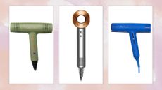 Collage of hair dryers from brands such as (L-R) MDLondon, Dyson and Hershesons 