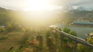 Three Mamenchisaurus and a monorail silhouetted against a golden setting sun in Jurassic World Evolution 3.