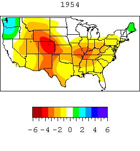 Drought in 1954 in the United States according to the Palmer Drought Severity Index, which uses temperature and rainfall to estimate dryness.