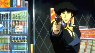 Spike aiming a gun in Cowboy Bebop: The Movie