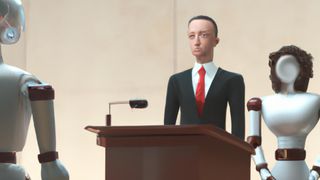 Dall E impression of what a robot lawyer would look like in court.