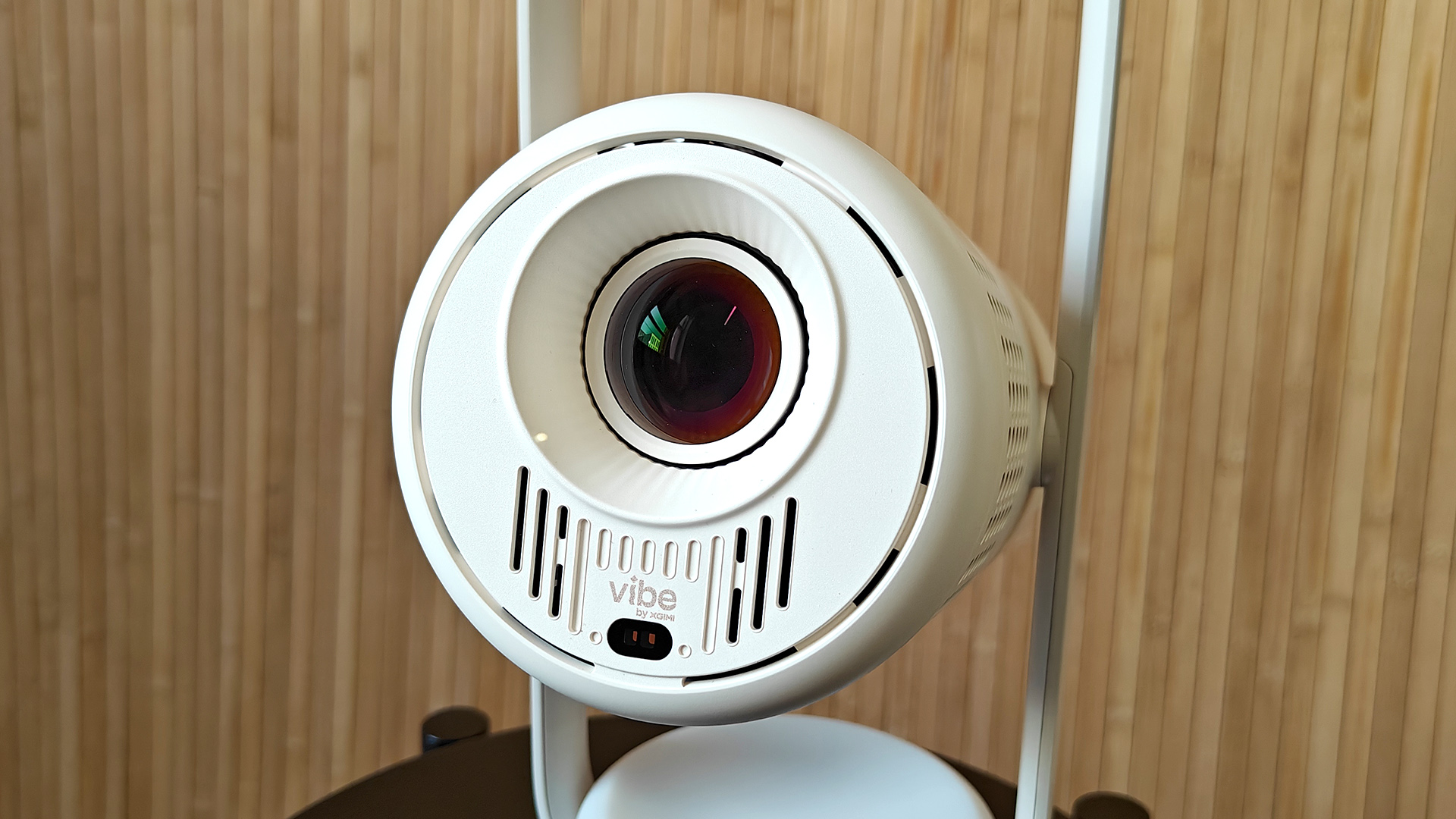 Xgimi Vibe One portable projector detail of front of projector and lens aperture