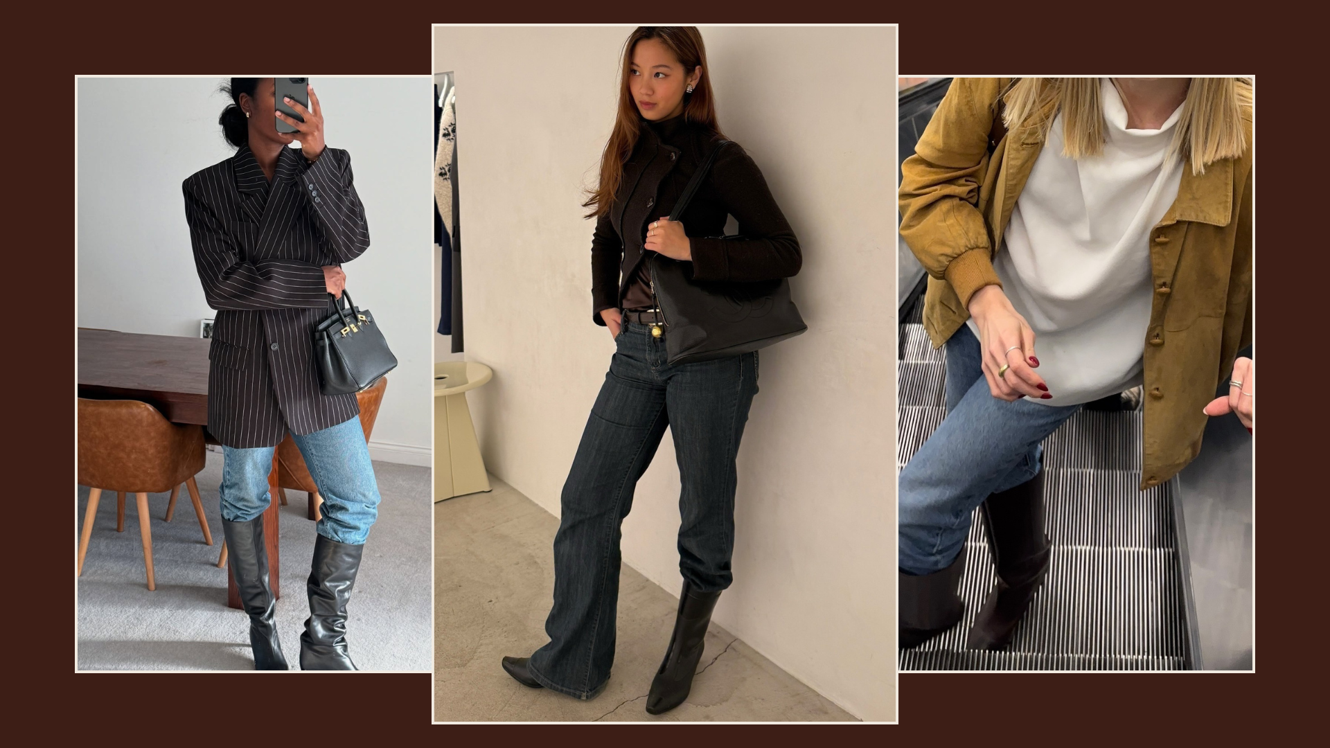 Three fashion people wear the tucked knee high boot trend. 