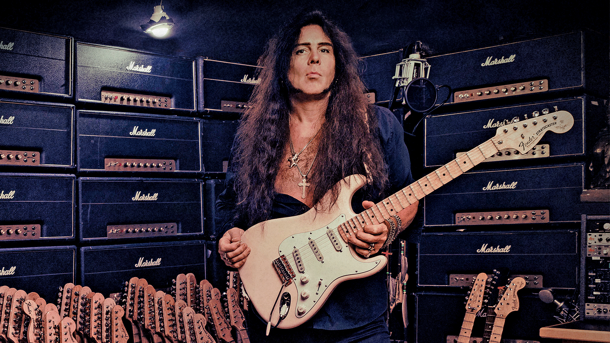Yngwie Malmsteen photographed in his home studio