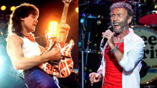 LEFT: Dutch-born American Rock musician Eddie Van Halen (1955 - 2020), of the group Van Halen, performs onstage at the Rosemont Horizon, Rosemont, Illinois, March 15, 1986. RIGHT: Paul Rodgters formerly of Bad Co. performs at DTE Energy Music Theater on July 31, 2018 in Clarkston, Michigan. 