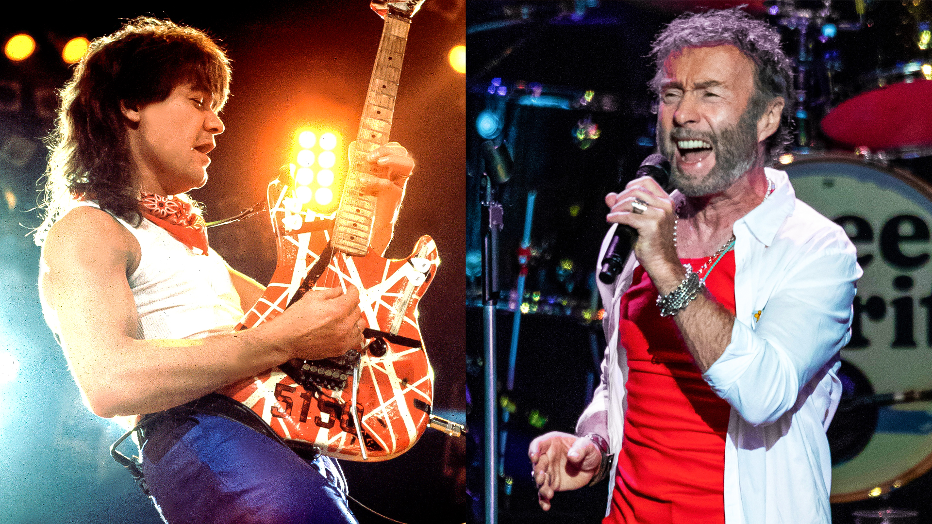 LEFT: Dutch-born American Rock musician Eddie Van Halen (1955 - 2020), of the group Van Halen, performs onstage at the Rosemont Horizon, Rosemont, Illinois, March 15, 1986. RIGHT: Paul Rodgters formerly of Bad Co. performs at DTE Energy Music Theater on July 31, 2018 in Clarkston, Michigan. 