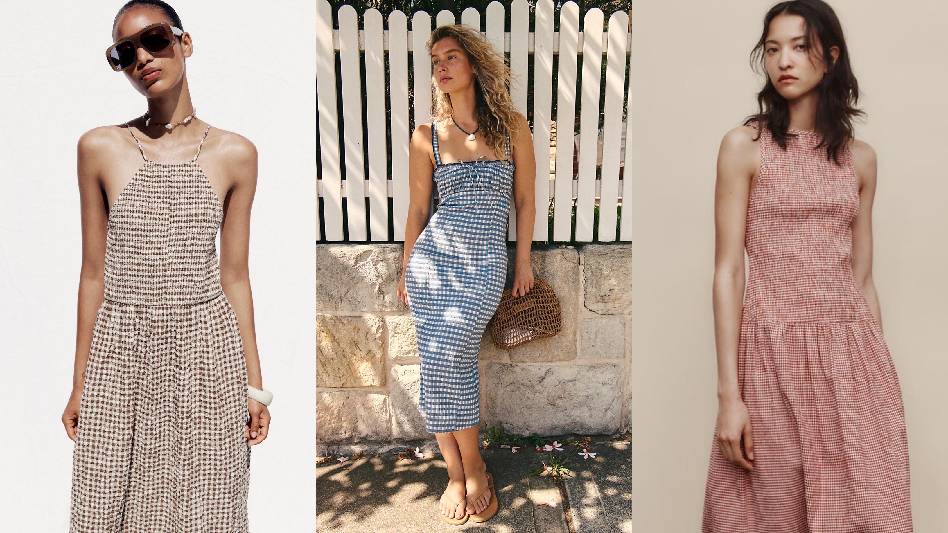collage of women wearing gingham dresses from zara and free people