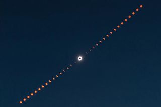 This composite image shows the progression of a total solar eclipse over Madras, Oregon, on Aug. 21, 2017.