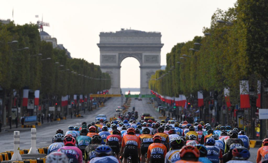 PARIS FRANCE SEPTEMBER 20 Winner Andrew Anacona of Colombia and Team Arkea Samsic Wouter Poels of The Netherlands and Team Bahrain Mclaren Simon Geschke of Germany and CCC Team Arc De Triomphe Paris City Landscape Peloton during the 107th Tour de France 2020 Stage 21 a 122km stage from MantesLaJolie to Paris Champslyses TDF2020 LeTour on September 20 2020 in Paris France Photo by Tim de WaeleGetty Images