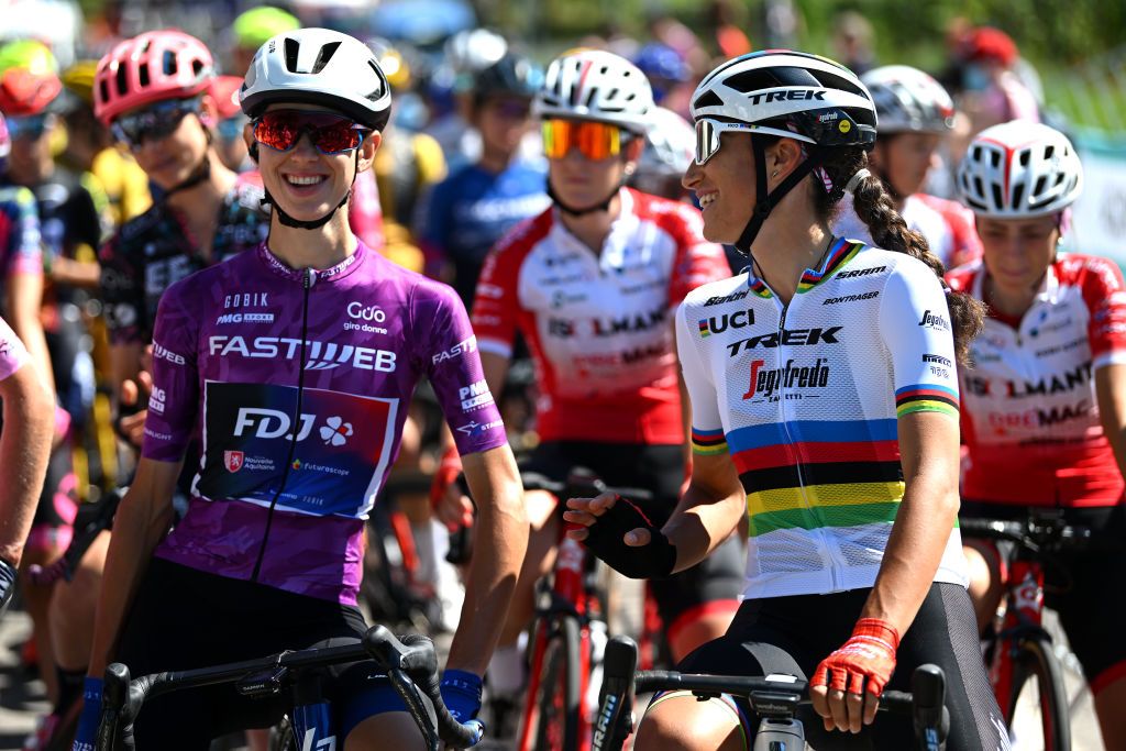 SAN LORENZO DORSINO ITALY JULY 09 LR Marta Cavalli of Italy and Team FDJ Nouvelle Aquitaine Futuroscope Purple Points Jersey and Elisa Balsamo of Italy and Team Trek Segafredo prior to the 33rd Giro dItalia Donne 2022 Stage 9 a 1128km stage from San Michele AllAdige to San Lorenzo Dorsino 727m GiroDonne UCIWWT on July 09 2022 in San Lorenzo Dorsino Italy Photo by Dario BelingheriGetty Images