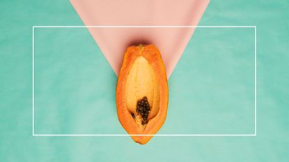 papaya on green and pink background