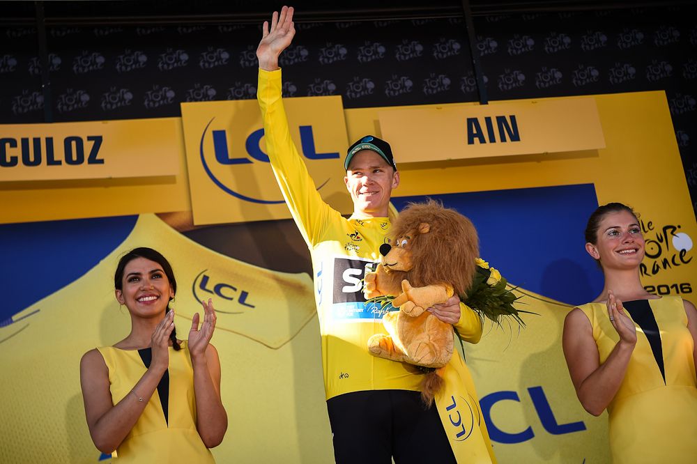 Chris Froome in yellow on the stage 15 podium