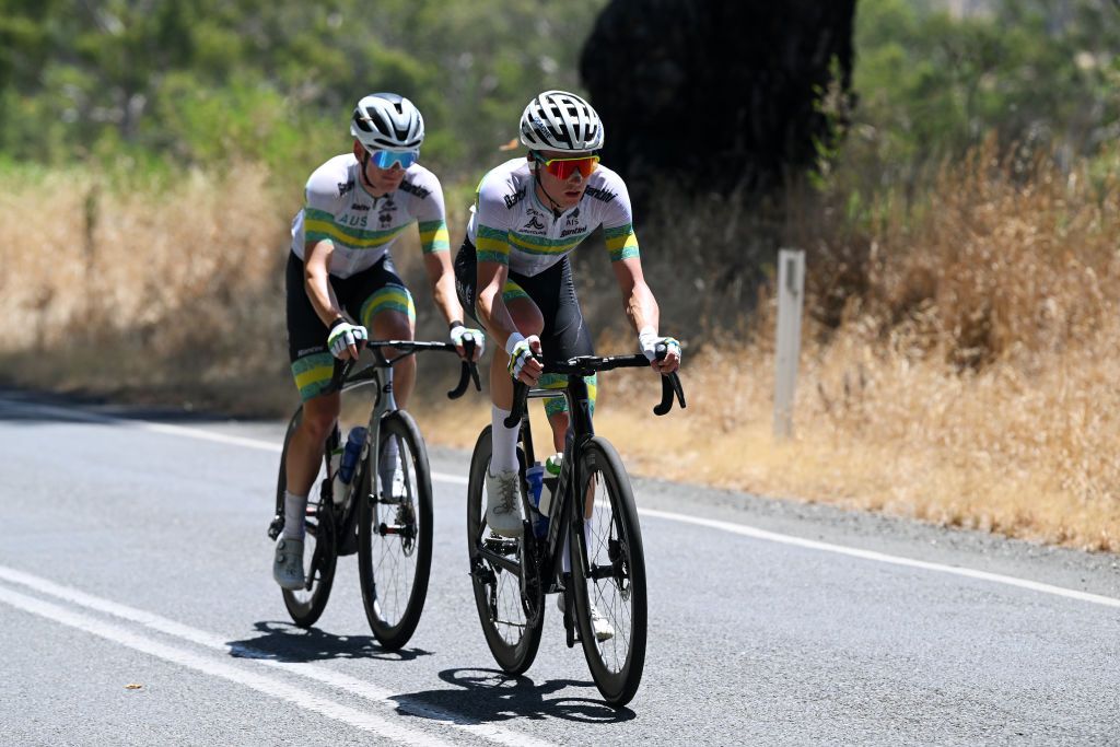 GUMERACHA AUSTRALIA JANUARY 21 LR Fergus Browning of Australia and Zac Marriage of Australia and ARA Australian Cycling Team compete in the breakaway during the 25th Santos Tour Down Under 2025 Stage 1 a 1507km stage from Prospect to Gumeracha 342m UCIWT on January 21 2025 in Gumeracha Australia Photo by Dario BelingheriGetty Images