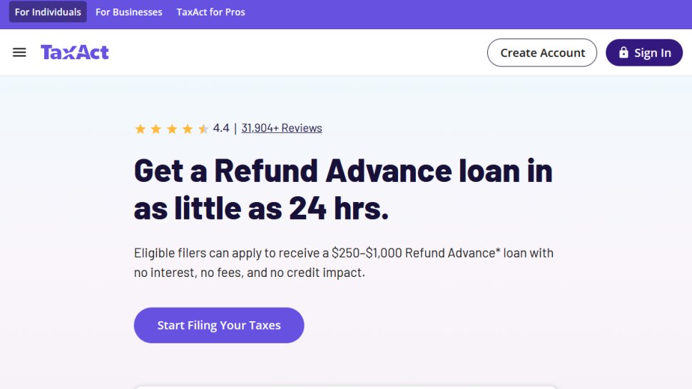 TaxAct website screenshot (February 2026).