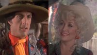 Right: Sylvester Stallone and Left: Dolly Parton in Rhinestone.
