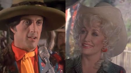Right: Sylvester Stallone and Left: Dolly Parton in Rhinestone.