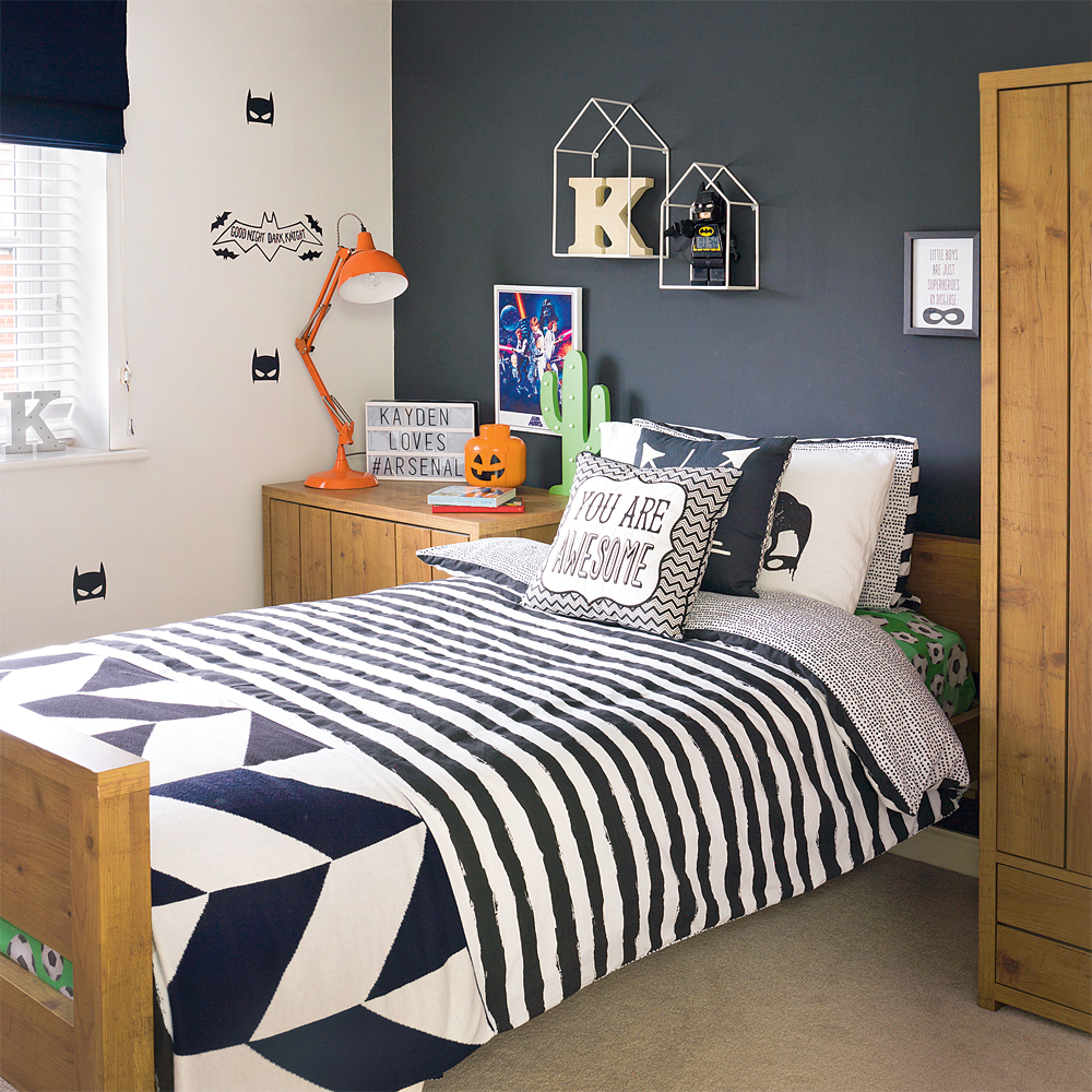 monochrome bedroom with wooden furniture